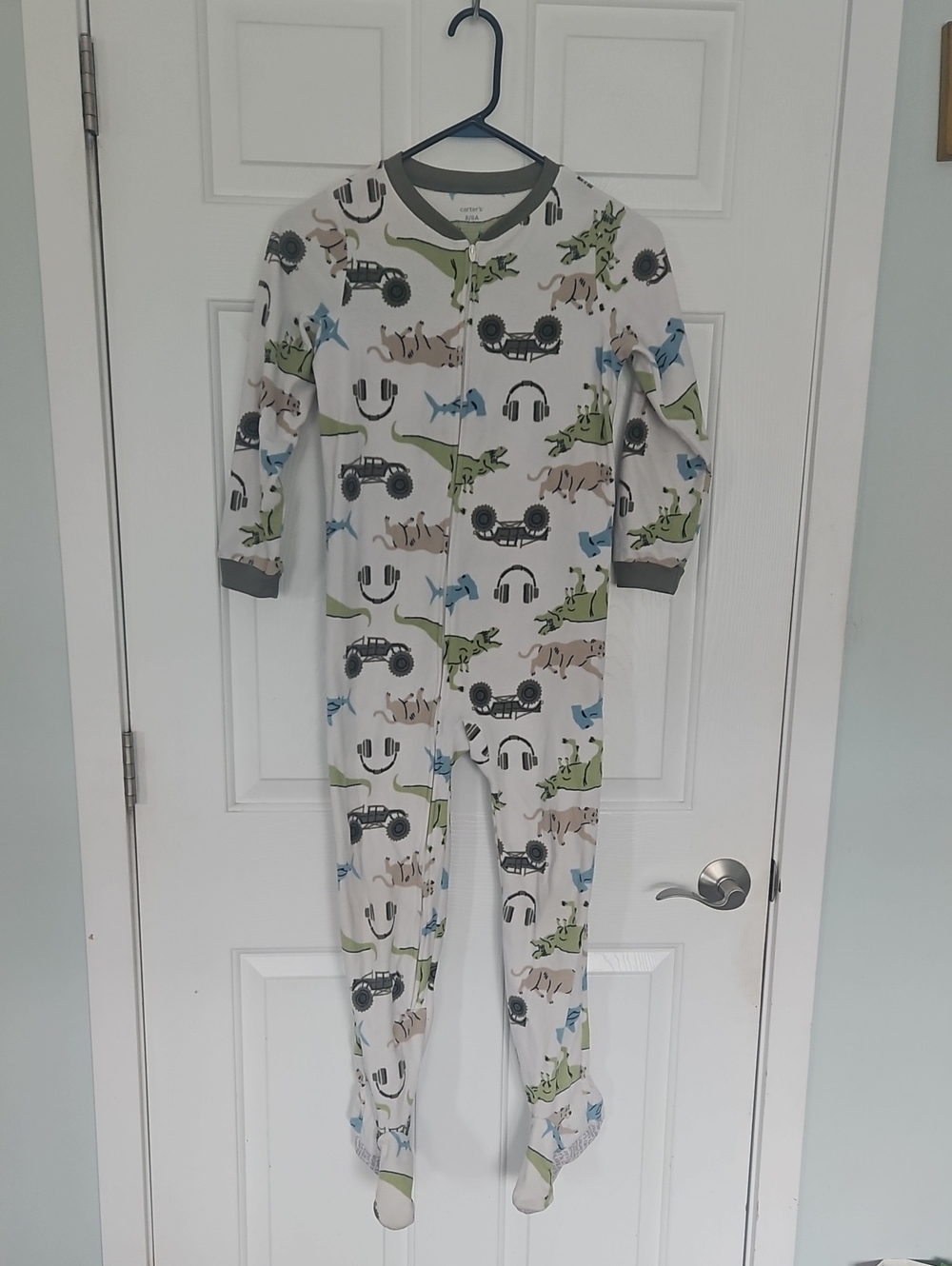 Kids Footed One-Piece Pajamas in White with Dino & Truck Print